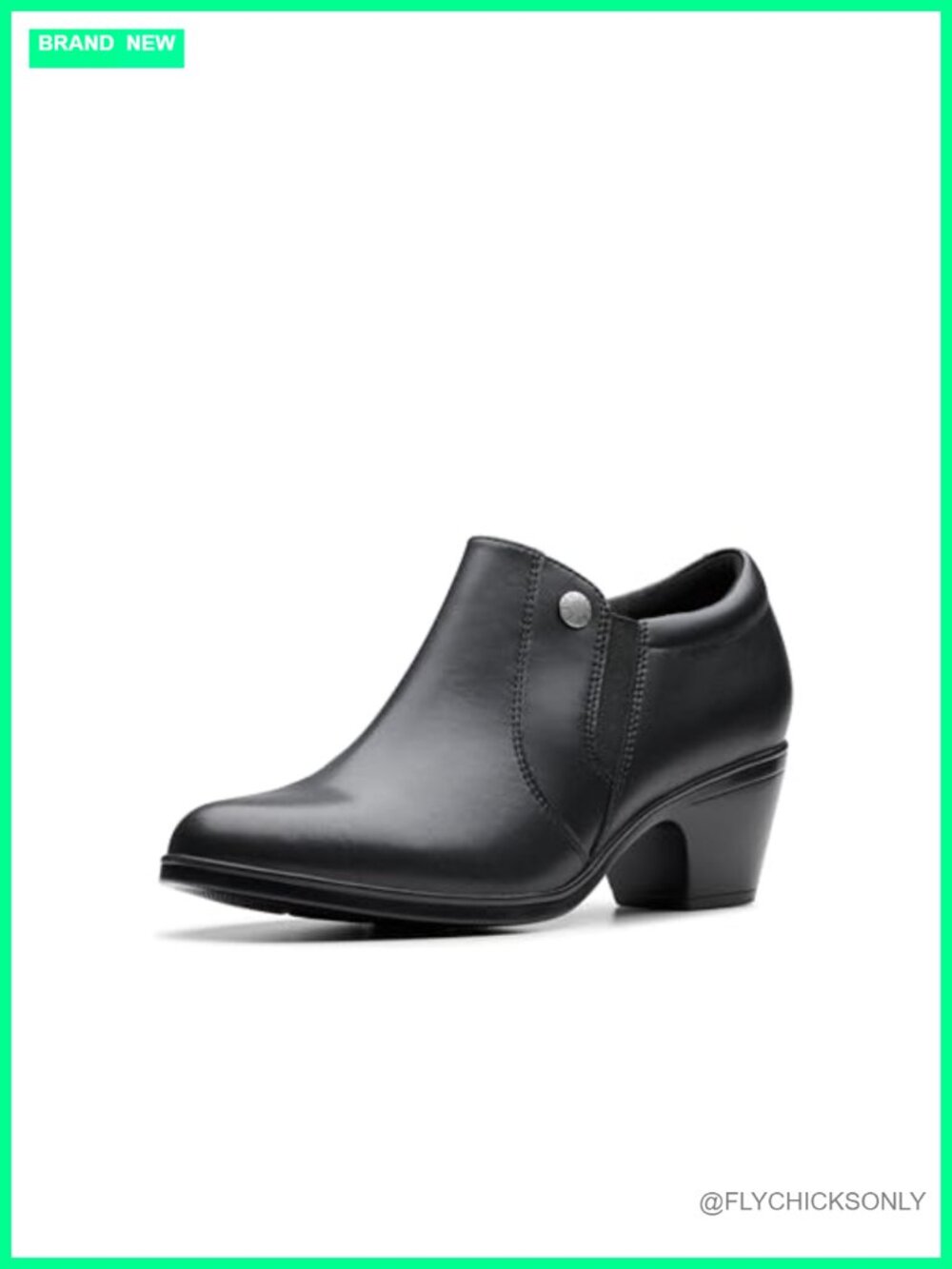 Clarks Emily2 Reyna Black Leather Block Heel Ankle Bootie Slip-On Clog
